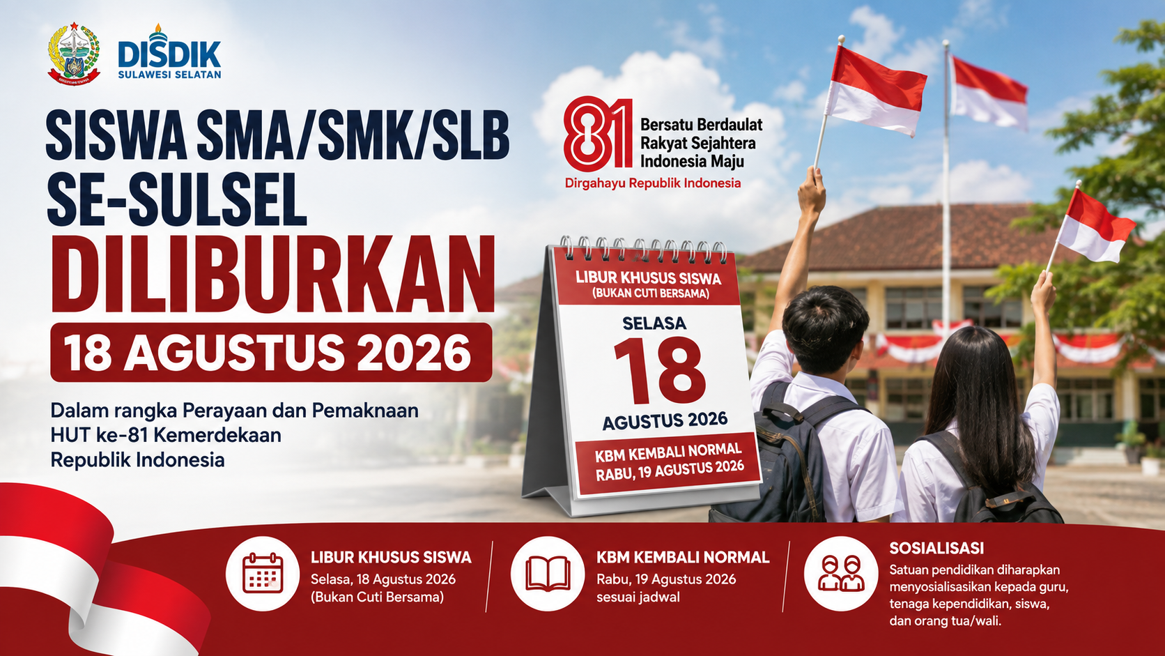 Siswa SMA/SMK/SLB se-Sulsel Diliburkan 18 Agustus, KBM Kembali Normal Besok
